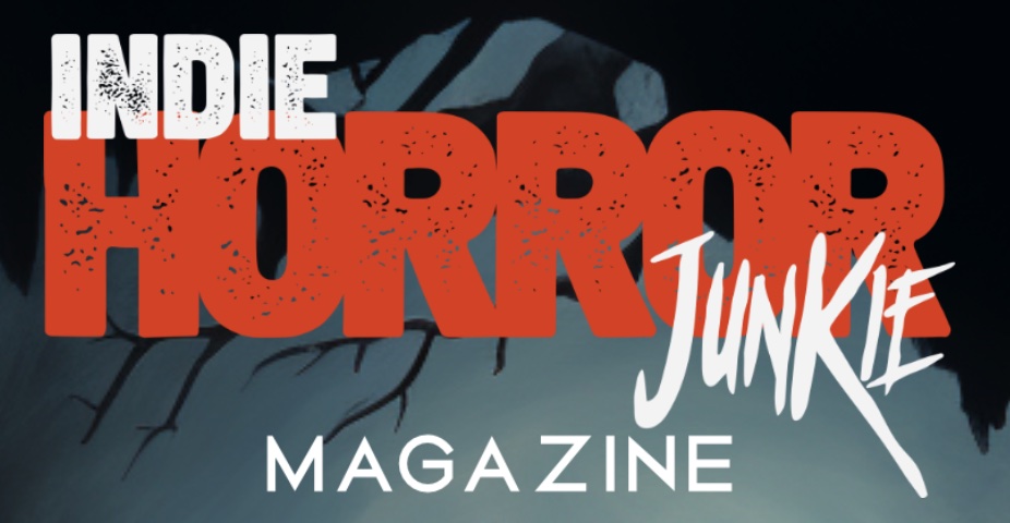 Indie Horror Junkie Magazine logo with bold red and white lettering on a dark illustrated background